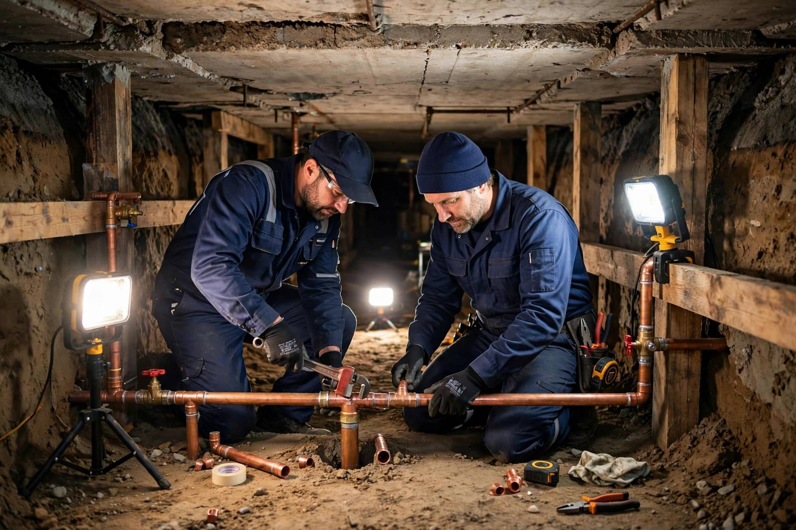 Professional slab leak repair crew working beneath a concrete foundation